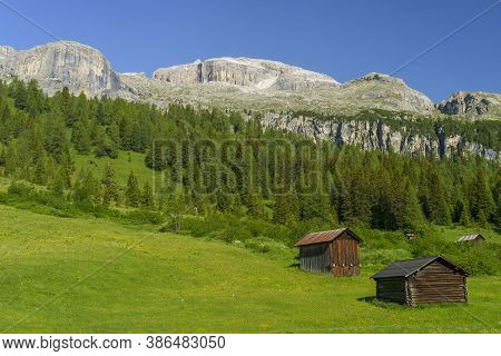 Mountain Landscape At Summer Along The Road To Campolongo Pass, Dolomites, Bolzano Province, Trentin