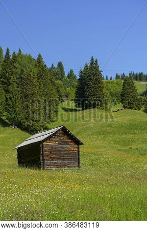 Mountain Landscape At Summer Along The Road To Campolongo Pass, Dolomites, Bolzano Province, Trentin