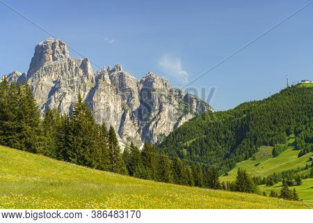 Mountain Landscape At Summer Along The Road To Campolongo Pass, Dolomites, Bolzano Province, Trentin