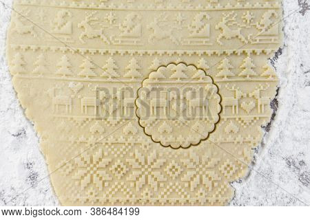 Dough Rolled Out On The Table With A New Year's Pattern. Making Cookies On The New Year's Table, A F
