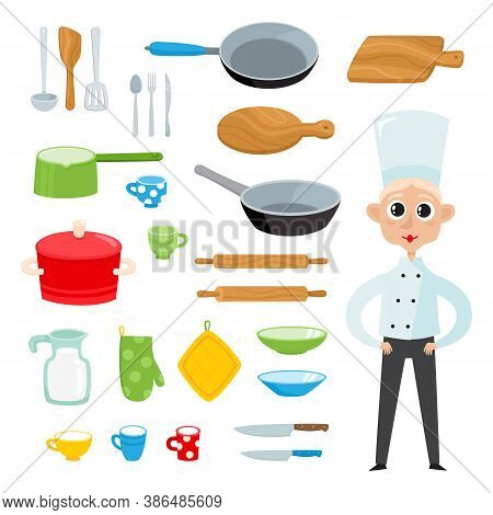 Cartoon Kitchen Tools Set Isolated On White.