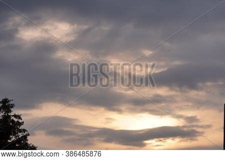 Sun Is Shining Other The Clouds, Contrast Light. Weather Changing, Bright Shining Sky With White And