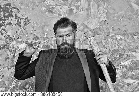 Choose Vintage Shave. Hipster Hold Straight Razor And Axe. Bearded Man With Brutal Look. Cutthroat S