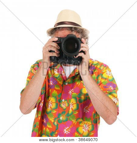 Typical tourist is taking pictures with big camera