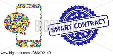 Multicolored Collage Smartphone Message, And Smart Contract Corroded Rosette Seal. Blue Seal Include