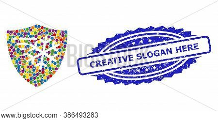 Multicolored Collage Frost Protection, And Creative Slogan Here Textured Rosette Stamp Seal. Blue St