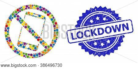 Colored Mosaic Forbidden Smartphone, And Lockdown Textured Rosette Stamp Seal. Blue Stamp Seal Inclu