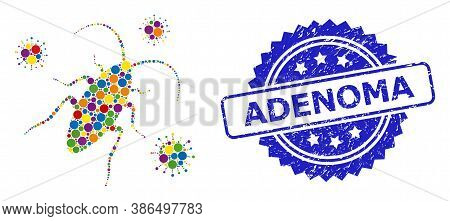 Colorful Mosaic Cockroach Infection, And Adenoma Scratched Rosette Stamp Seal. Blue Stamp Contains A