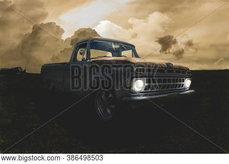 Saint Clair Shores, Michigan / Usa - September 22-2020:vintage Ford Truck Running While Thunder Clou