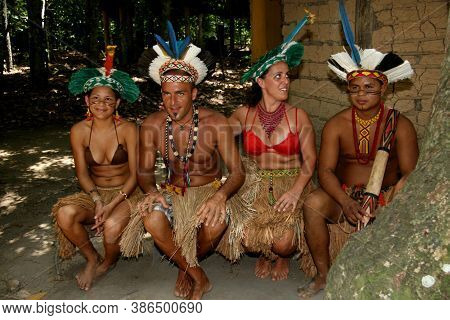 Porto Seguro, Bahia / Brazil - February 21, 2008: Pataxos Indians Are Seen In The Village Jaqueira I