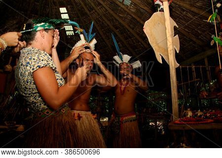 Porto Seguro, Bahia / Brazil - February 21, 2008: Pataxos Indians Are Seen In The Village Jaqueira I