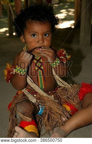 Porto Seguro, Bahia / Brazil - February 21, 2008: Pataxos Indians Are Seen In The Village Jaqueira I
