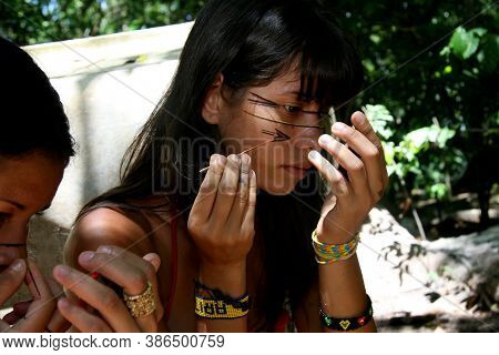 Porto Seguro, Bahia / Brazil - February 21, 2008: Pataxos Indians Are Seen In The Village Jaqueira I