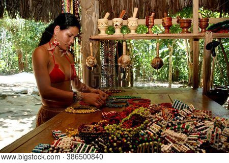 Porto Seguro, Bahia / Brazil - February 21, 2008: Pataxos Indians Are Seen In The Village Jaqueira I