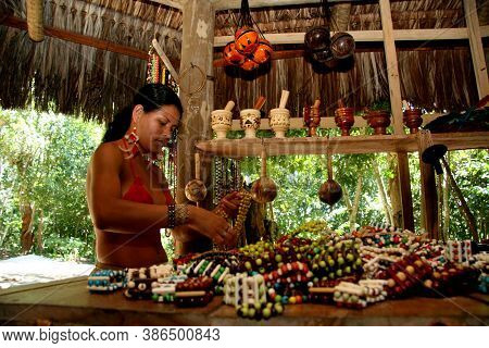 Porto Seguro, Bahia / Brazil - February 21, 2008: Pataxos Indians Are Seen In The Village Jaqueira I