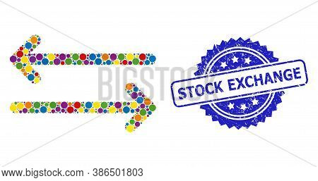 Vibrant Collage Flip Arrows Horizontally, And Stock Exchange Corroded Rosette Seal Print. Blue Seal 