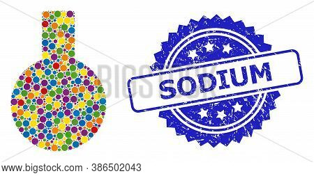 Bright Colored Collage Glass Flask, And Sodium Scratched Rosette Seal Print. Blue Seal Has Sodium Ca