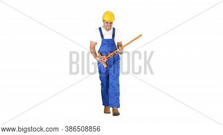 Cheerful Man Playing On The Swob Like It Is A Guitar On White Background.