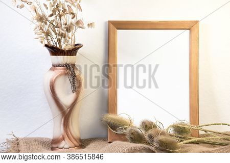 Portrait Empty Wooden Frame Mockup With Yellow Apples. White Background. Scandinavian Interior, Home