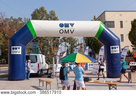 Altötting, Germany - September 13, 2020: Finishing Arch At The Omv Half Marathon Altötting 2020 Unde