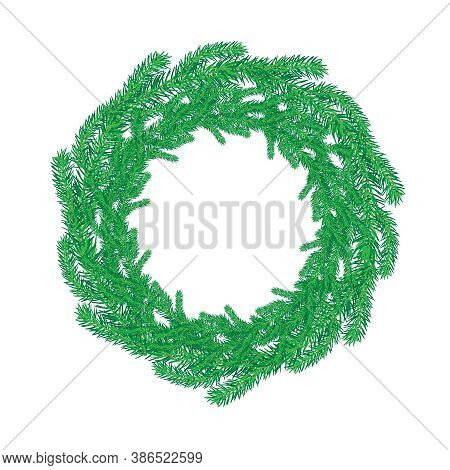 Green Christmas Fir Wreath Isolated On White Background. Christmas Wreath Without Decoration. Round 