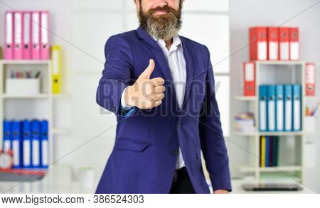 Well Done. Good Job. Male Hand Show Thumbs Up Sign. Success And Approval Concept. Gesture Expresses 