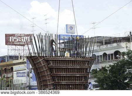 The Construction Of Bridge Columns Where People Are Working, Concrete Cement, Strong Ground Structur