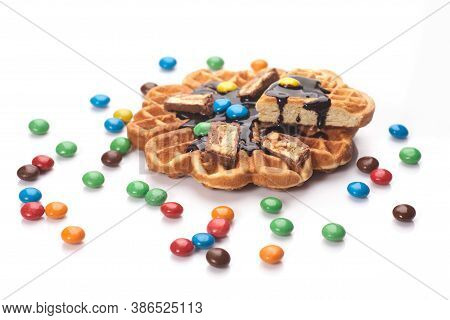 Freshly Baked Waffles With Chocolate Isolated On White Background