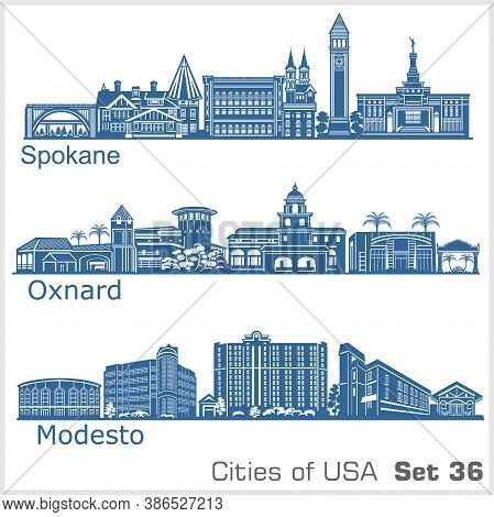 Cities Of Usa - Oxnard, Modesto, Spokane. Detailed Architecture. Trendy Vector Illustration.