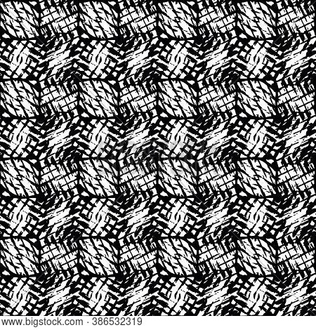 Vector Burlap Effect Grid Seamless Pattern Background. Hessian Fiber Fabric Style Checkered Black An