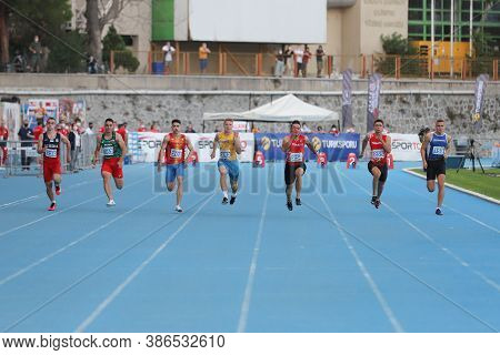 Istanbul, Turkey - September 12, 2020: Athletes Running 100 Metres During Balkan U20 Athletics Champ