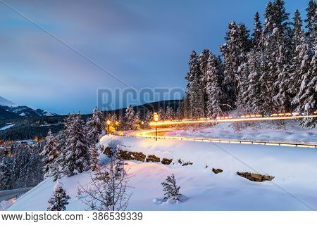 Breckenridge, Colorado, USA town skyline in winter at dawn. 