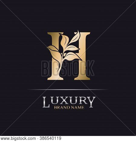 Golden Initial Letter H. Elegant Design Letter H With Floral Branch. Luxury Gold Logo Icon. Vintage 