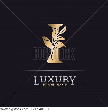 Golden Initial Letter I. Elegant Design Letter I With Floral Branch. Luxury Gold Logo Icon. Vintage 