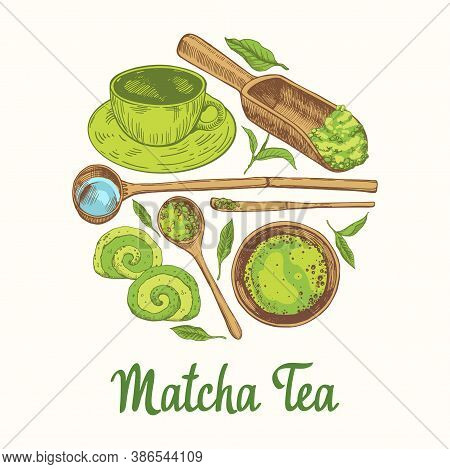 Matcha Vector Illustration With Food And Drink Sketch. Round Compositions. Japaneese Ethnic And Nati