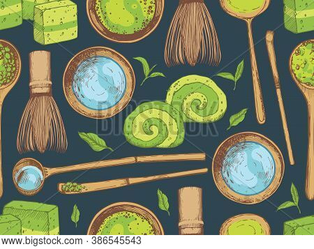 Matcha Seamless Pattern. Japaneese Ethnic And National Tea Ceremony. Traditions Of Teatime. Decorati