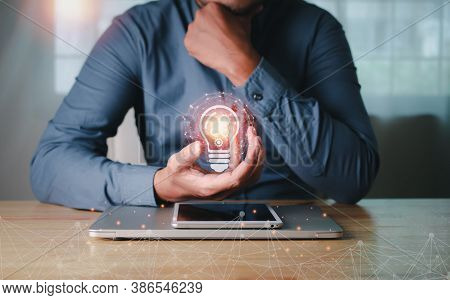 Business People Hands Holding Icon Idea Creativity And Inspiration Light Bulb With Gears.concept Of 