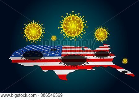 Coronavirus Covid-19 Concept For Usa. The Shadow Of The Virus Lies On The Map Of Usa. The Shadow Of 