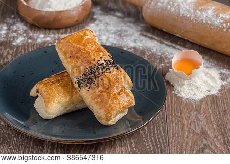 Traditional Turkish Borek Or Turkish Pastry With Minced Meat, Cheese And Spinac On Wooden Background