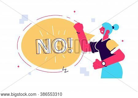 Vector Cartoon Illustation Of No Furious Screaming Woman. Rebel Anngry Woman Roar. Speech Balloon Wi