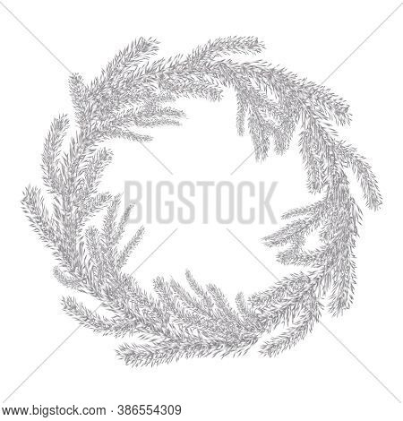 Silver Christmas Fir Wreath Isolated On White Background. Christmas Wreath Without Decoration. Round