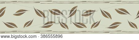 Mono Print Style Tribal Foliage Vector Border. Scattered Lino Cut Effect Offset Leaves And Striped B