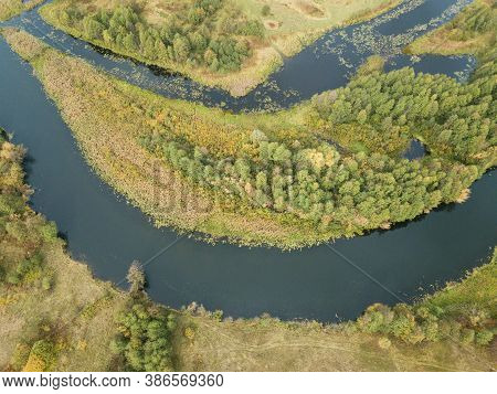 Aerial View Of River Snov In Autumn Near Village Of Sednev, Chernihiv Region, Ukraine.