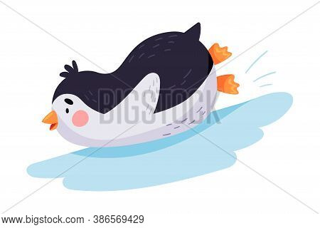 Funny Penguin Sliding Down The Ice Hill Vector Illustration