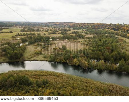 Aerial View Of River Snov In Autumn Near Village Of Sednev, Chernihiv Region, Ukraine.