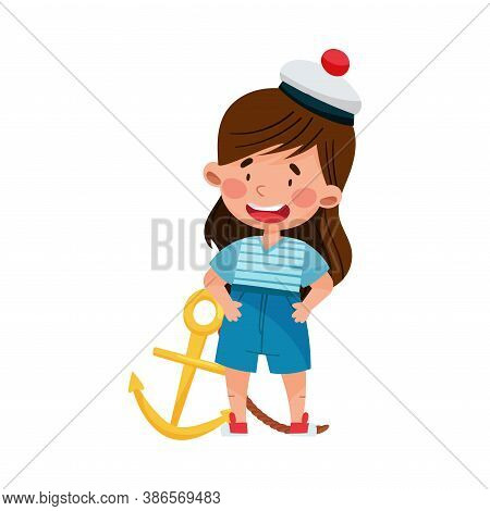 Cute Little Girl In Mariner Striped Vest And Peakless Hat Standing With Anchor Vector Illustration