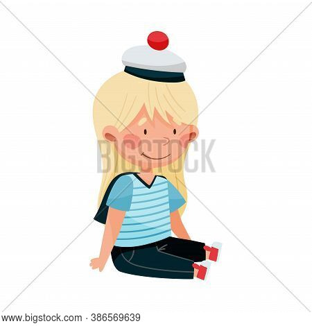 Cheerful Little Girl In Mariner Striped Vest And Peakless Hat Sitting Vector Illustration