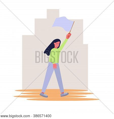 A Young Girl Holding A White Flag, A Girl Waving A Flag