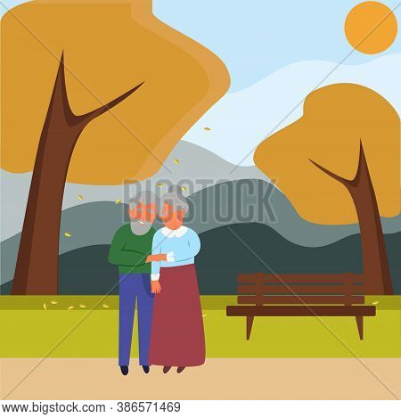 An Elderly Couple Stands Hand In Hand In An Autumn Park. Vector Flat Illustration, With A Simple Bac