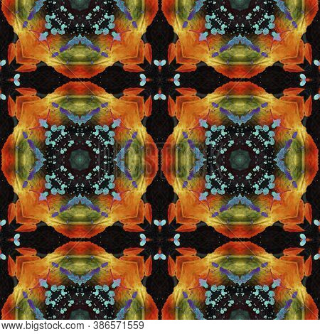 Ikat Aztec Pattern. Repeat Tie Dye Ornament. Ethnic Persian Design. Dark Neon Seamless Texture. Abst